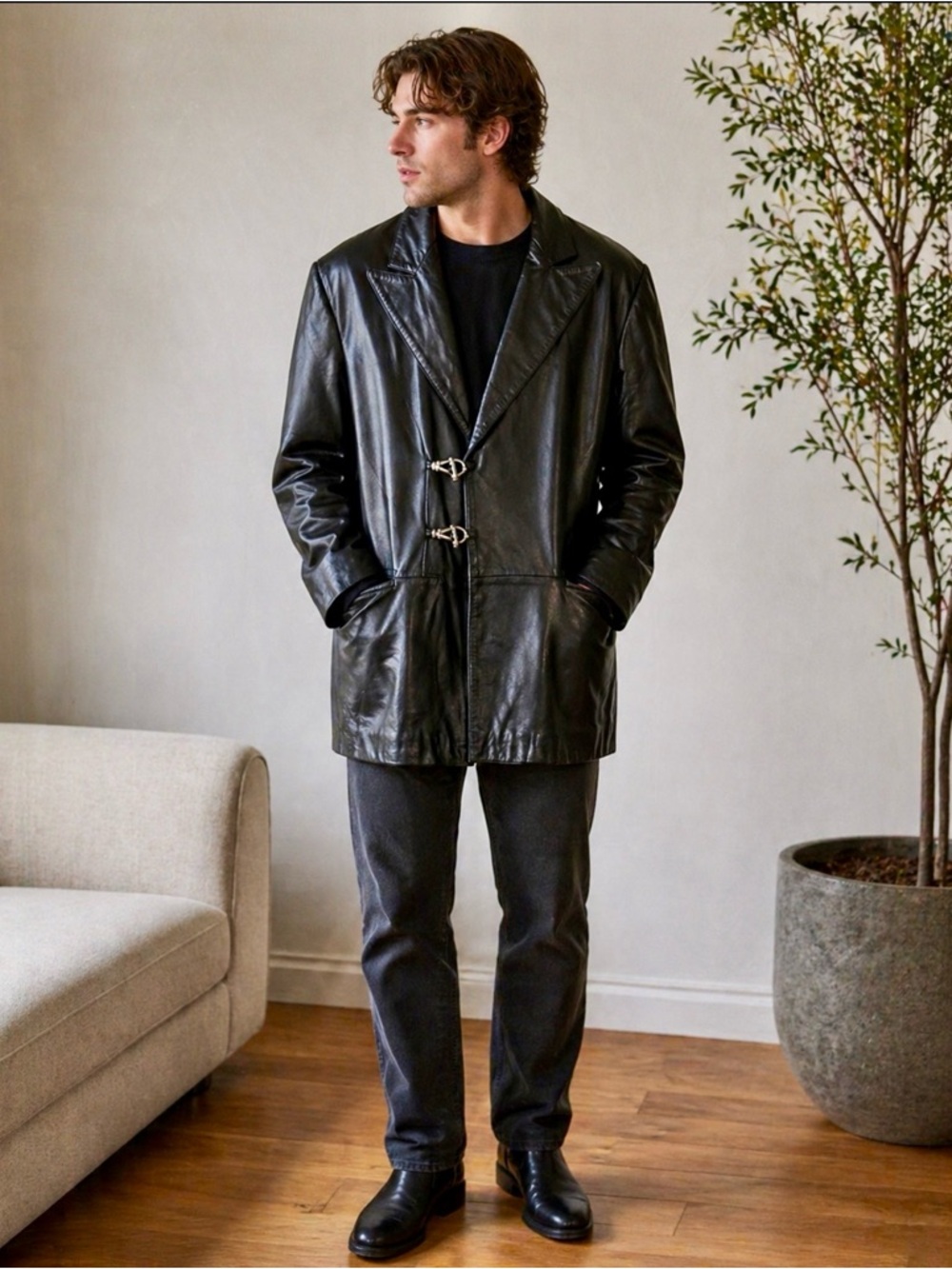 VTG 90s Jack Edwards Soft Lambskin Leather Toggle Coat - Black - Size L